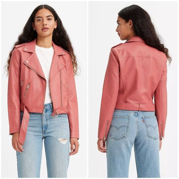 NWT Levi’s Belted Faux Vegan Leather Moto Jacket in Winter Rose Pink Size M - Picture 1 of 3